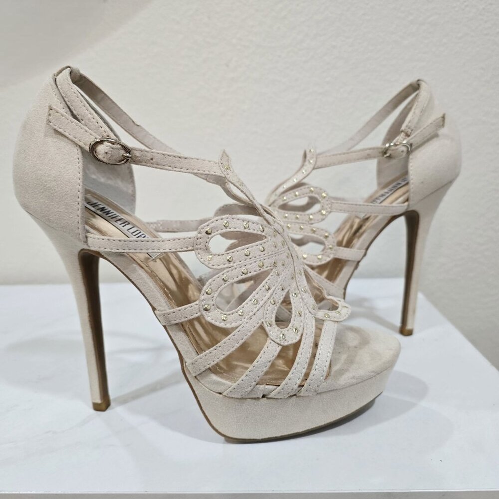 Jennifer Lopez ✦ Nude Suede Studded Cutout Platform Heels ✦ Ankle Strap 6 - Picture 7 of 12